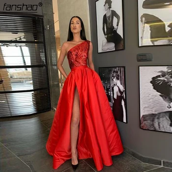 

Red 2019 Muslim Evening Dresses One Shoulder Slit Dubai Saudi Arabic Evening Gown Prom Dress