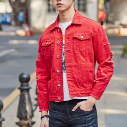 HO Весна 2019 Новинка отверстие в джинсовая куртка Для мужчин; модная однотонная джинсовая куртка