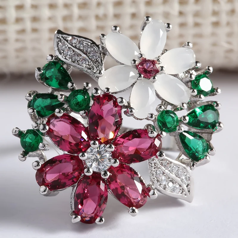 Trendy Unique Design Fashion Flower Ring Multicolor Zircon Wedding ...