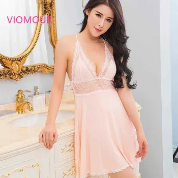 

Women Sexy Lace Sleepwear Babydoll Night Pajamas Sleeveless Night Dress Women Deep V Neck Nightgown in Plus Size 6208