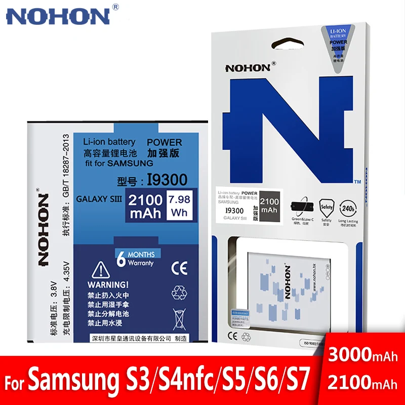 Оригинальный nohon Аккумулятор для samsung Galaxy S3 S4 NFC S5 S6 S7 i9300 i9500 G900 SM G920 G9300 по