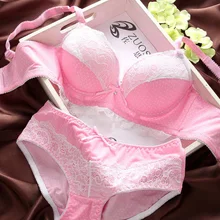 New 2017 female line dot lace push up deep V inserts bra set for women brassiere lingerie underwear set blue pink color
