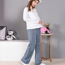 Женские джинсовые широкие брюки для беременных, свободные брюки с эластичным поясом размера плюс, Одежда для беременных больших размеров