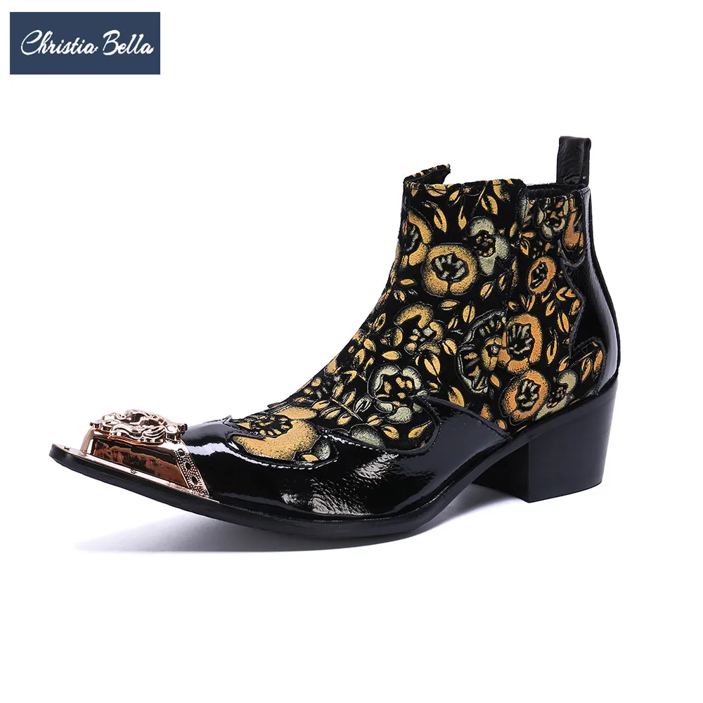 

Christia Bella New Fashion British Style Printing Men Boots Men Party Boots Genuine Leather Large Size Zipper Men Party Shoes