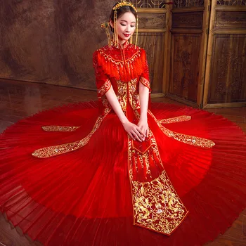 

High Quality Bride Wedding Dress Suit Classic Royal Banquet Cheongsam Exquisite Flower Princess Gowns Vintage Marriage Qipao