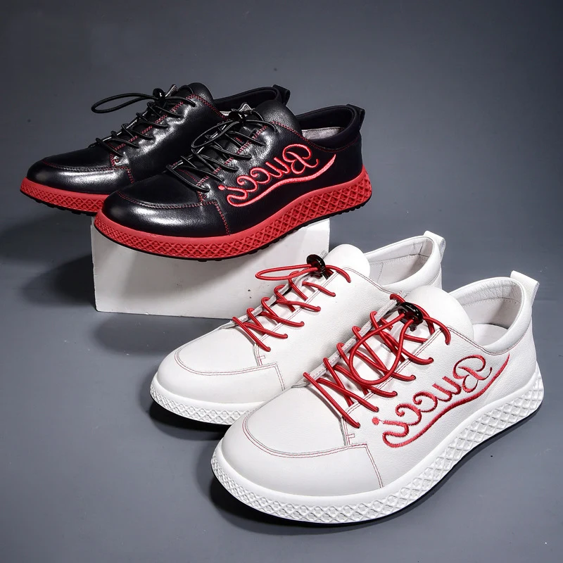 

Brands Summer Fashion Men black white Shoes Cowhide Flat Shoes Loafers Letter embroidery enuine Leather Skate jogging shoes male