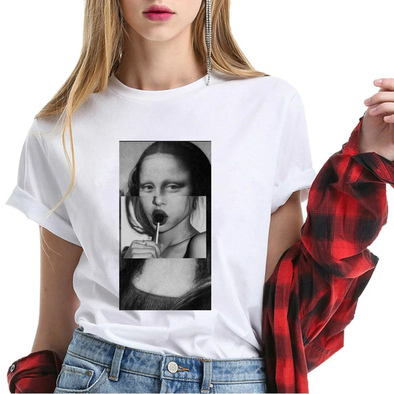 

Mona Lisa and Lollipops T Shirt Women Short Sleeve Soft Cotton Summer White T-shirt Good Quality Funny Tops Lady Lovely Tees