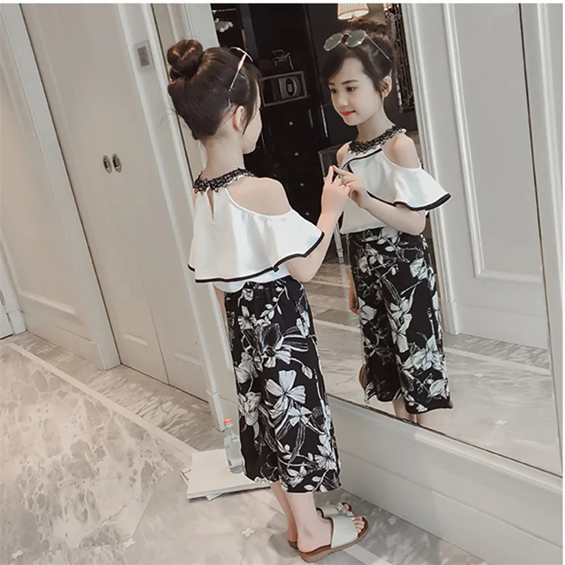 

2018 Summer Girls Set Clothes Children's Clothing Sets Fashion Baby Girl Shirt White Top+Flowers Shorts Kids Suits 2pcs For 4-9Y