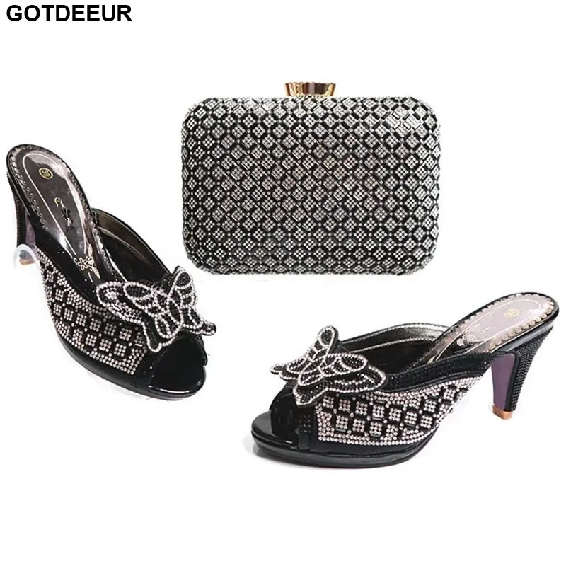 

Black Color Italian Ladies Shoe and Bag Set Decorated with Rhinestone Nigerian Shoes and Bag Set for Wedding High Quality Shoes