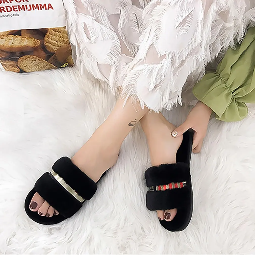 

Winter Fashion Women Home Slippers Faux Fur Warm Shoes Woman Slip on Flats Female Fur Flip Flops Pink Plus Size