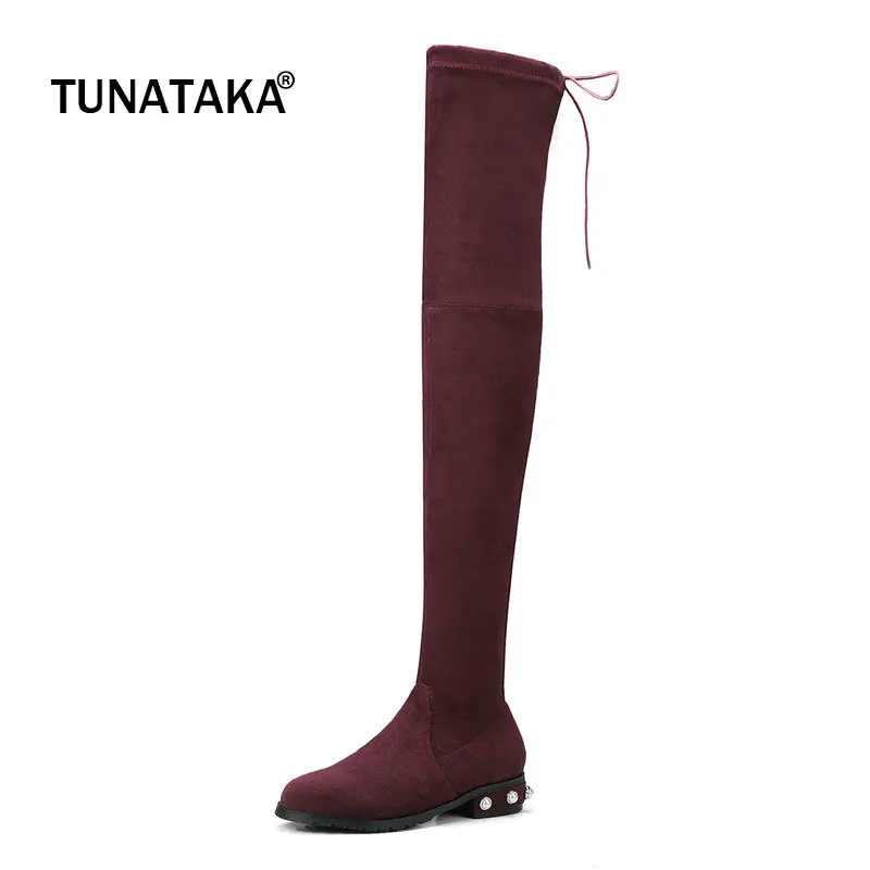 

Suede Comofrt Flat With Woman Over The Knee Stretch Boots Fashion Lace Up Dress Thigh Boots Woman Black Wine Red