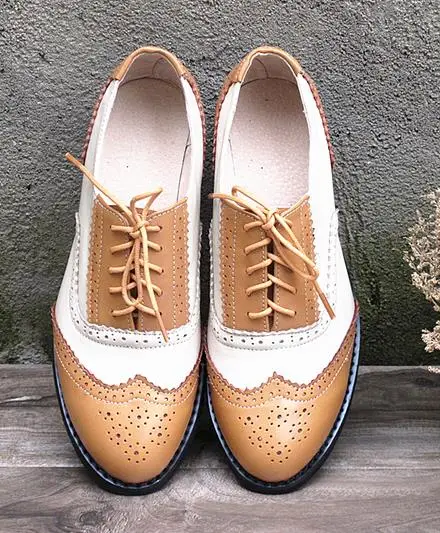 Мода в винтажном стиле оксфорды из натуральной кожи на шнуровке ботинки на плоской подошве обувь для женщин большие размеры повседневные башмаки - Цвет: Yellow white