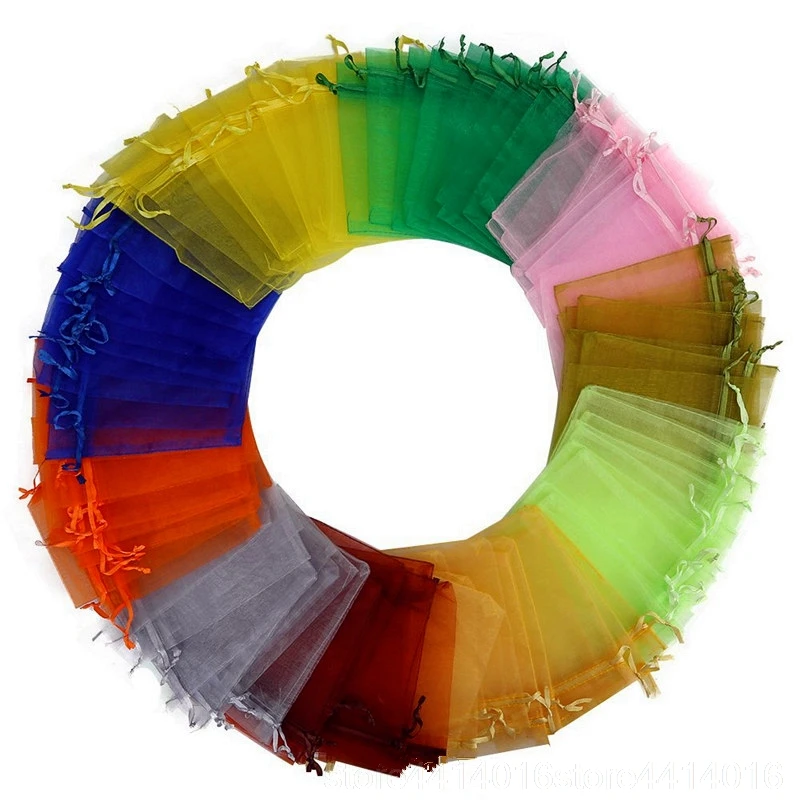 100Pcs 7x9 11x16 13x18 17x23 30x40cm Organza Sheer Gauze Element Jewelry Bags Packing Drawable Organza Bags Wedding Gift Bags 55