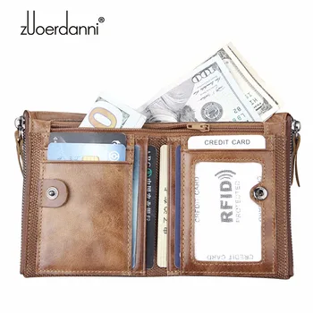 

2020 Vintage Genuine Crazy Horse Cowhide Leather Men Wallet Short Double Zipper Design Coin Purse Pockets Credit Card Holders