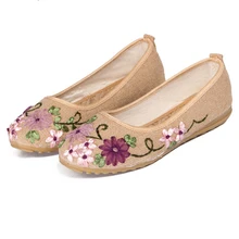 kpoccobkn wind linen ribbons embroidered breathable shallow mouth zapatos mujer shoes handmade flat old Beijing shoes