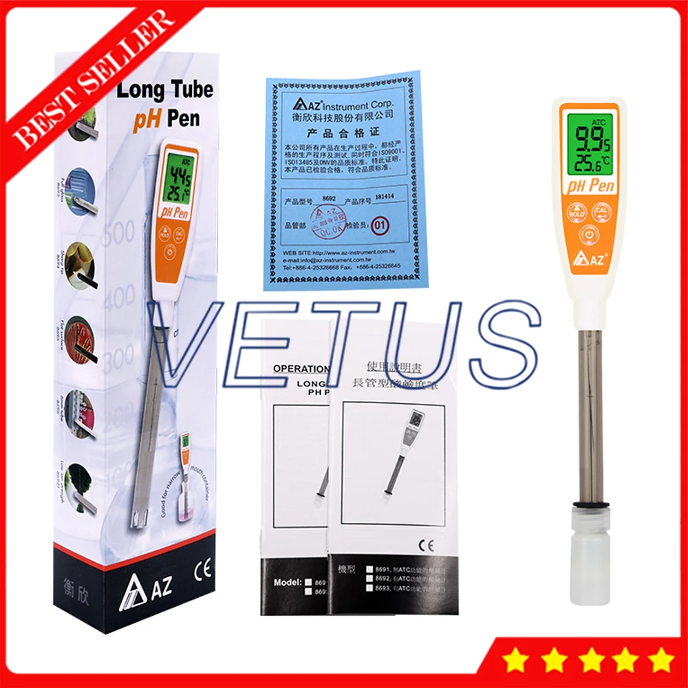 

Az8692 Digital Pen Type Waterproof pH Meter Detector Long Tube pH Pen Temperature Meter Dual display with ATC