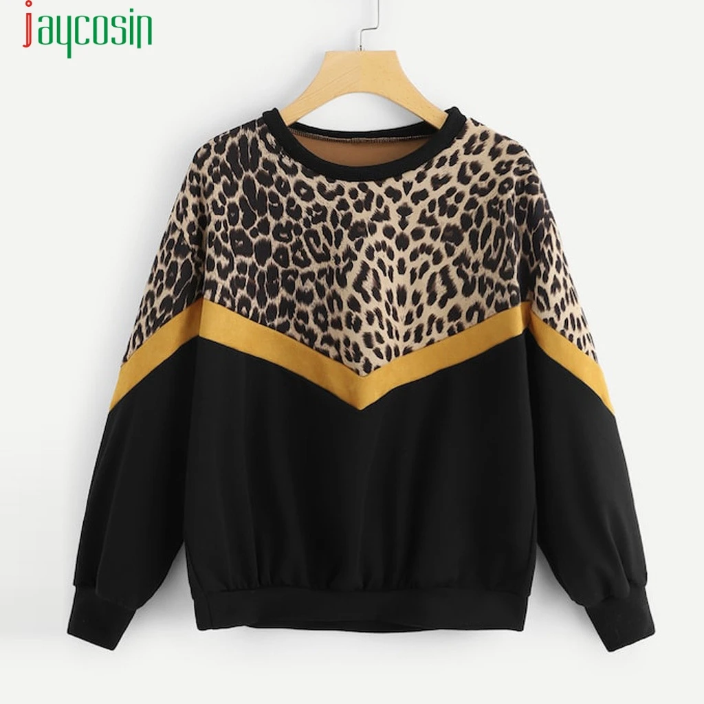 

JAYCOSIN Women Leopard Sweatshirt Patchwork O-Neck Shirt 2019 Women Pullovers Sweatshirts Loose Women Sweatshirt Female Tops