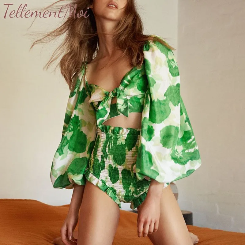 

Print Two Piece Set Women Square Neck Lantern Long Sleeve Hollow Out Tops High Waist Shorts Suit Beach Holiday 2 Piece Outfits