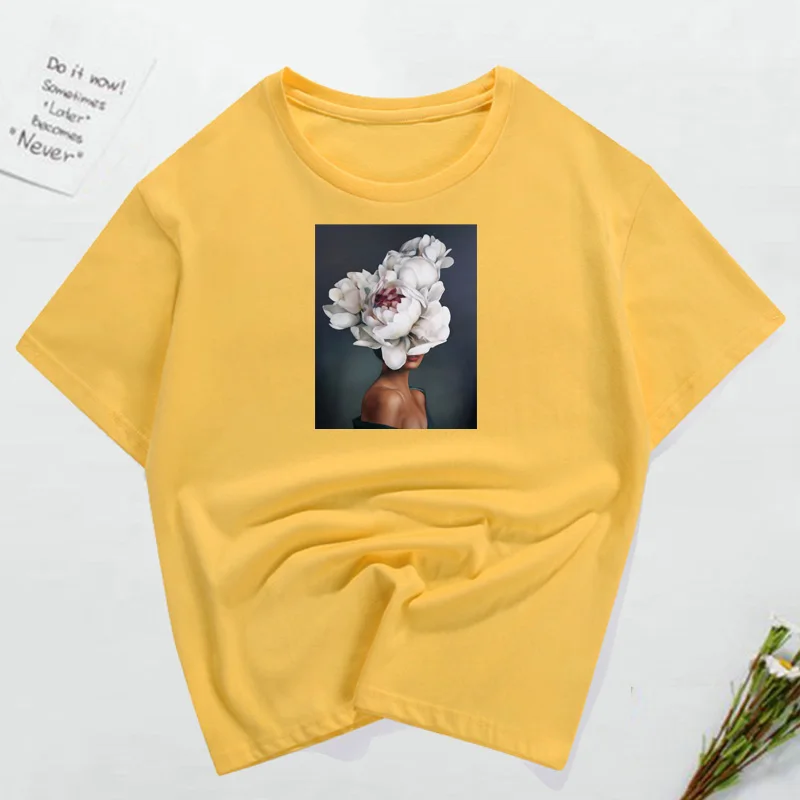 Модная женская футболка, новинка, хлопок, Harajuku, эстетическая футболка, сексуальные цветы, перо, принт, топы, Повседневная парная футболка - Цвет: 170-yellow