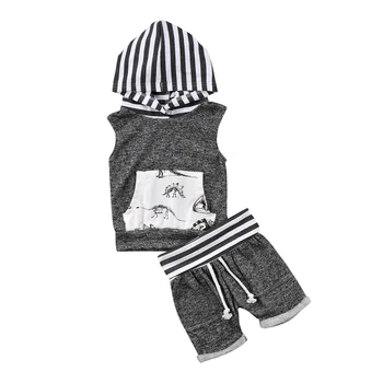 

2019 new casual Toddler Kids Baby Boy sleeveless striped hooded tank Tops+Shorts Pants 2pcs kid Outfit Dinosaur Clothes Set