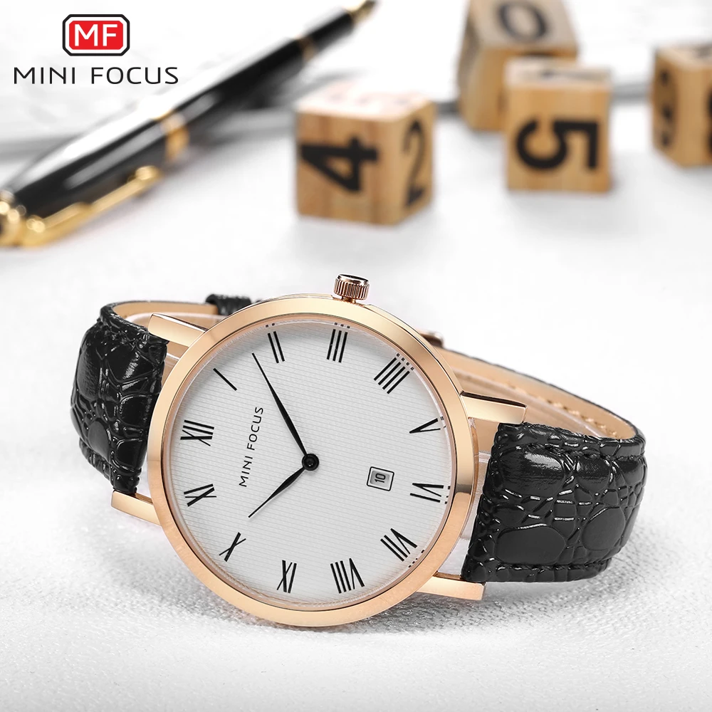 MINI FOCUS Men's Fashion Ultra-thin Dial Wristwatch Top Brand Luxury Genuine Leather Business Quartz Date Display Men WristWatch