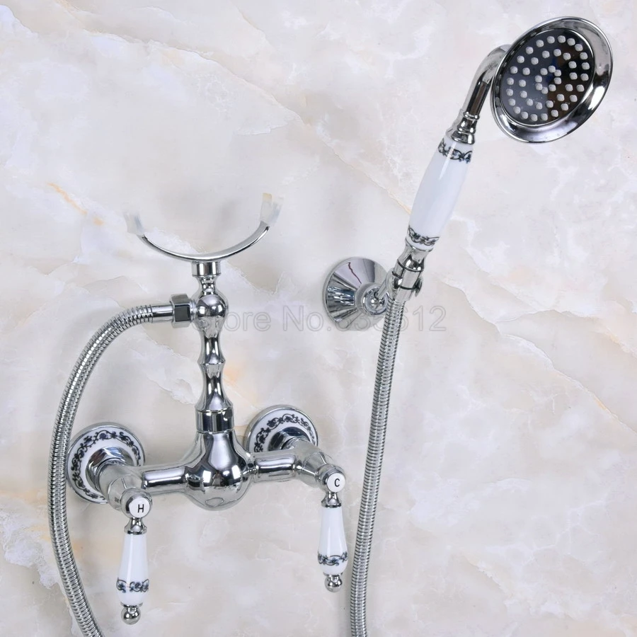 

Polished Chrome Brass Telephone Style Bathtub Faucet Wall Mounted Bath & Shower Mixer Taps Handheld Shower Set tna262