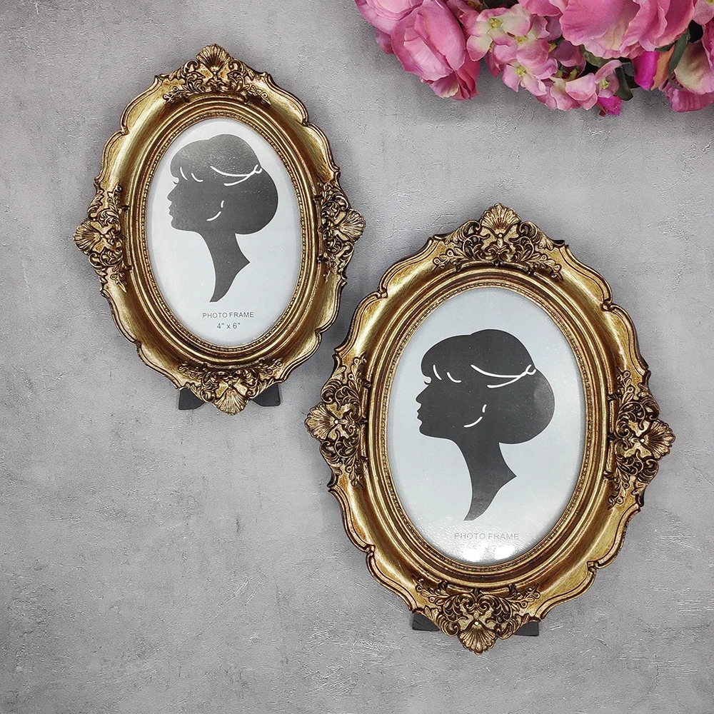 

European Retro Old Wall Mounted Classical Oval Resin Frame Carved Antique Copper Gold Decorative Photo Frame