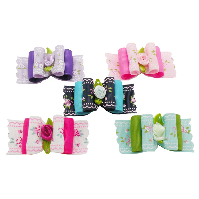 

Armi store Handmade Roses Pattern Ribbon Dog Bow 23006 Pet Rubber Band Jewelry 60Pcs / lot