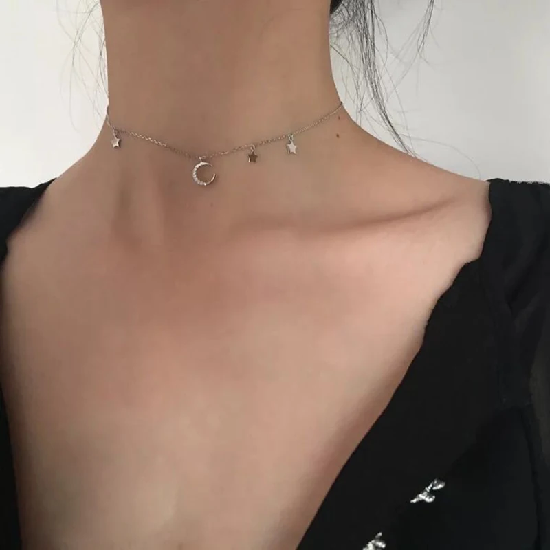 

925 Silver Moon Necklace Jewerly Star Pendants Vintage Charms Creative Women Birthday Gift Chain Collier Femme Kolye Choker