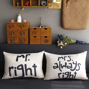 

Mr Right Mrs Always Right couple wedding present cotton linen pillow lumbar cushion 2pcs/lot free shipping