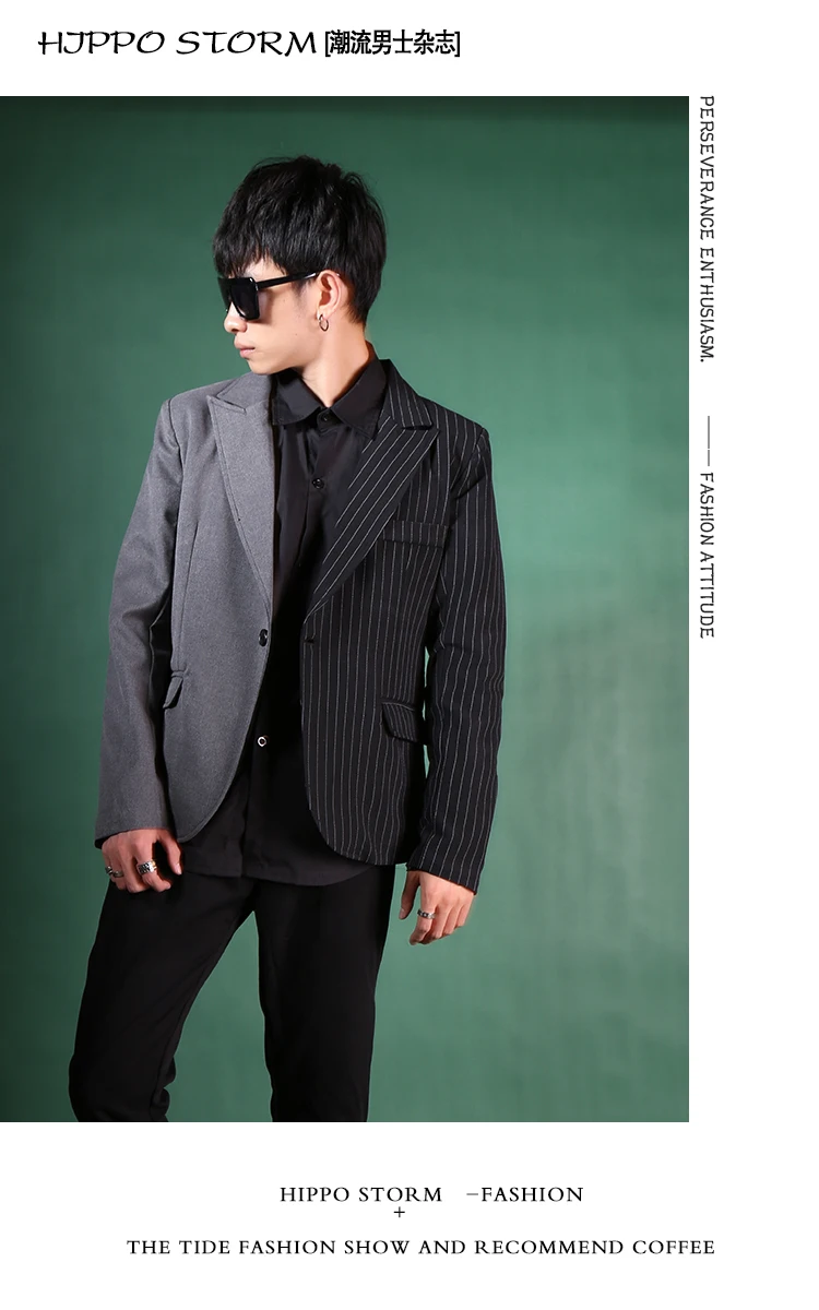 Мужской полосой сращивания уличный стиль хип хоп Slim Fit костюм пальто индивидуальный заказ для мужчин повседневное костюм Блейзер Куртка