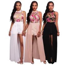 

Woman High Quality Luxury Embroidery Sleeveless Chiffon Dress Sexy Split Long Dress O-Neck Elegant Lady Fashion Dresses