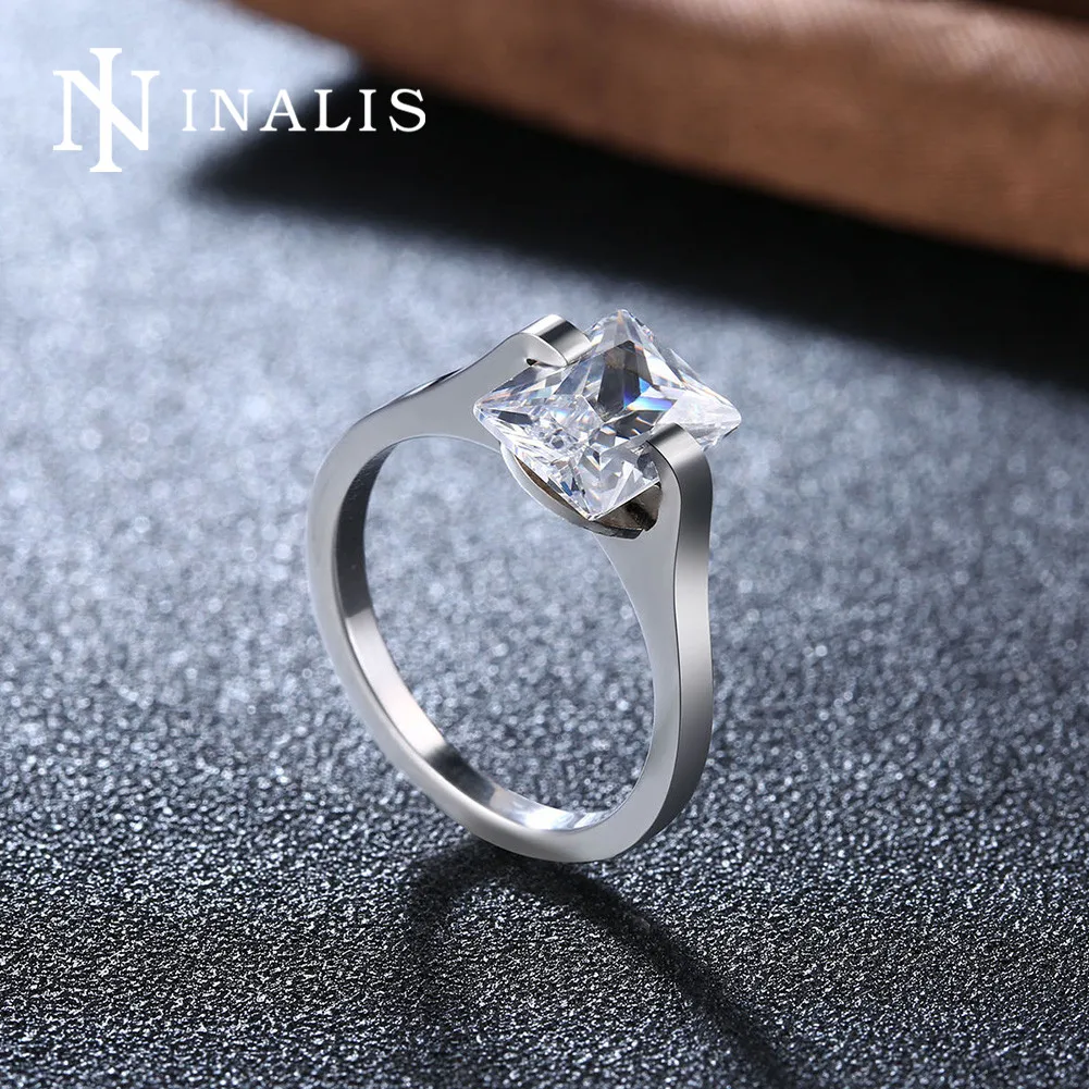 

INALIS Romantic Fine Jewelry Zircon Stylish Stainless Steel Rings Female Big Square Crystals Design Luxury Gift for Woman Lady