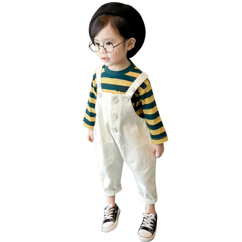 

DFXD Fashion New Autumn Toddler Girls Clothing Set Korean Baby Cotton Long Sleeve Striped Shirt+Overall 2pc Kids Outfits 1-5Y