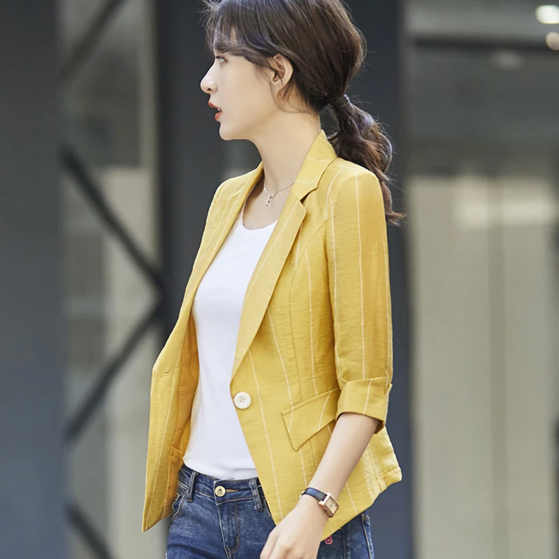 women blazer turn down collar slim Spandex blazer mujer 2019 Solid color Striped Casual retro vogue blazer New arrive fashion