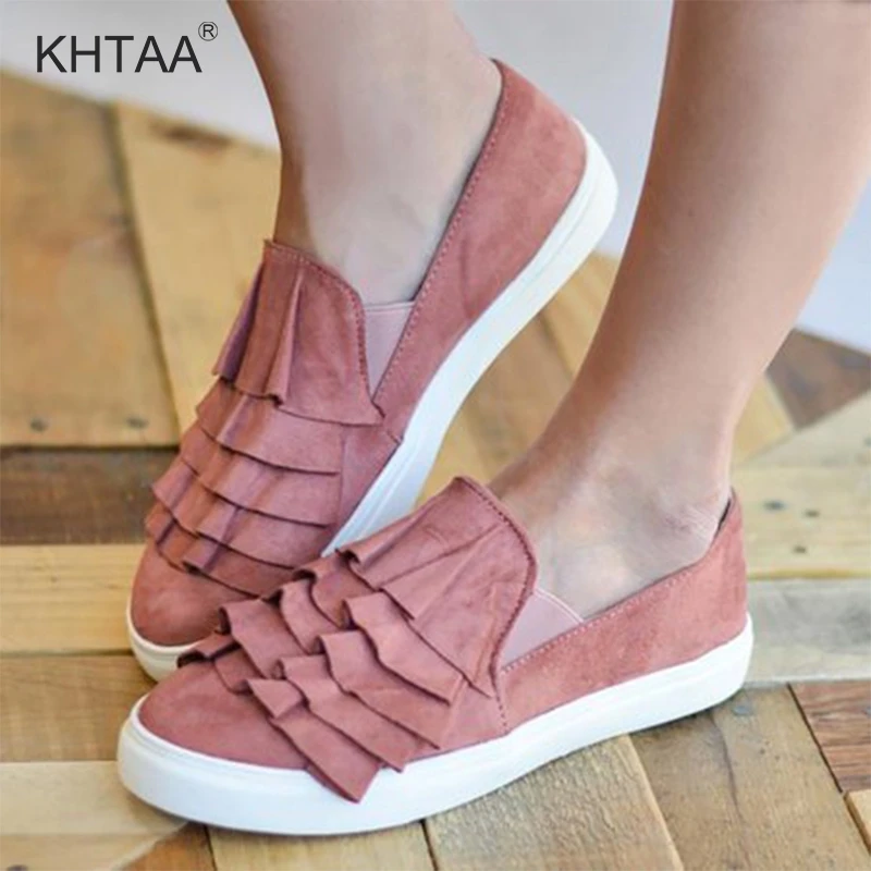 

Women Platform Plus Size Vulcanized Shoes Ruffle Flats Casual Female Sneakers Slip On Elastic Band Flock Ladies Footwear 2018