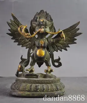 

Crafts statue old tibet bronze gilt Redpoll Winged Garuda Bird Eagle hold snake Buddha Statue halloween