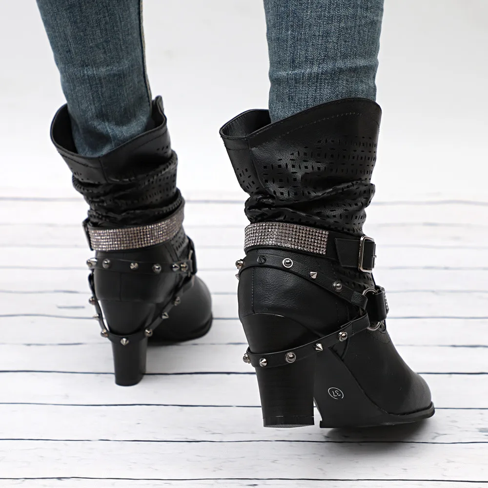 Для женщин с заклепками зимние ботинки западные кожаные ботинки модные солнцезащитные очки в стиле ретро классическая трубка обувь Туфли с ремешком и пряжкой ковбойский ремень с Мартинсы туфли на высоком каблуке
