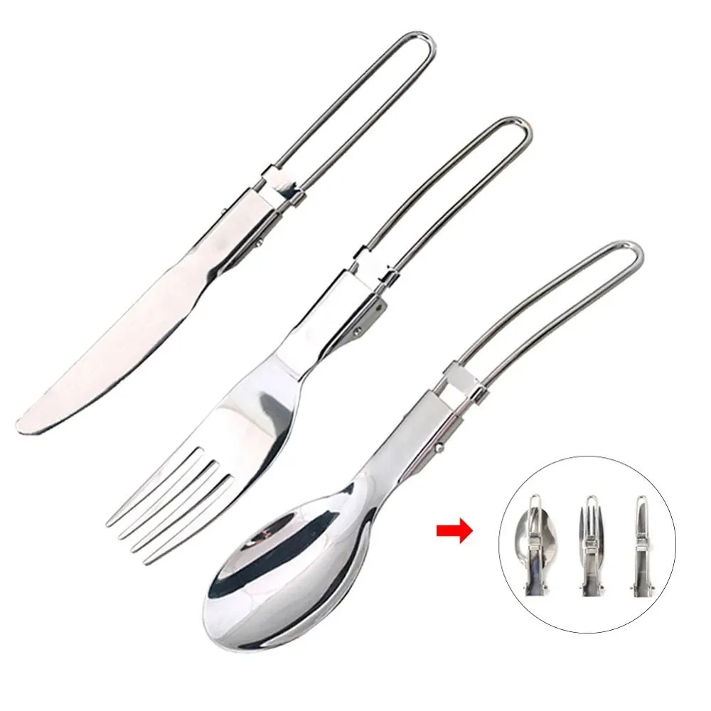 

Hot Outdoor Tableware Portable Knife Folding Spoon Fork 3-piece set Cutlery Stainless Steel Outdoor Tableware Picnic Utensils