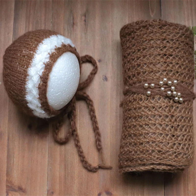 

Newborn knit mohair wrap Baby ruffle bonnet and headband set Newborn photography props Baby swaddle blanket Prop