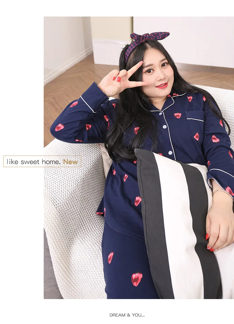 Autumn New Women's Plus Size 5XL Cotton Pajama Set Women's Fat MM Lapel Strawberry Pajamas Two-Piece Home Wear JW340 (2)