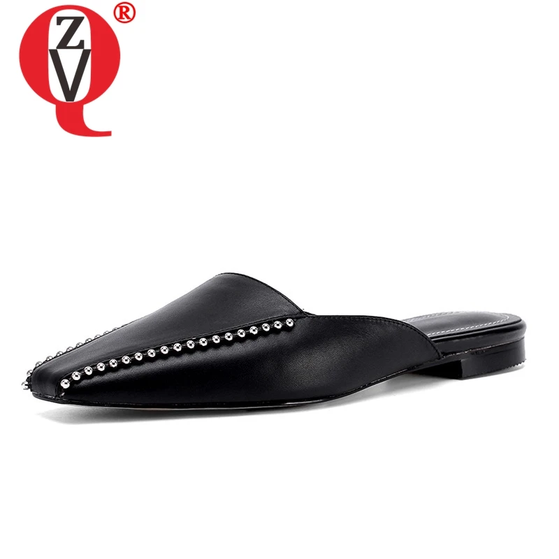 

ZVQ shoes woman 2019 summer new fashion square toe genuine leather woman slippers outside comfortable black white ladies shoes