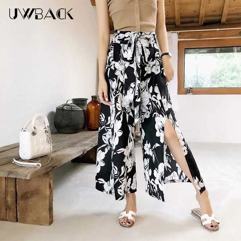 

Uwback Summer Chiffon Wide Leg Pants Women flower geometric Printing High Waist Bandage Beach Fashion Elegant Vintage TQB002