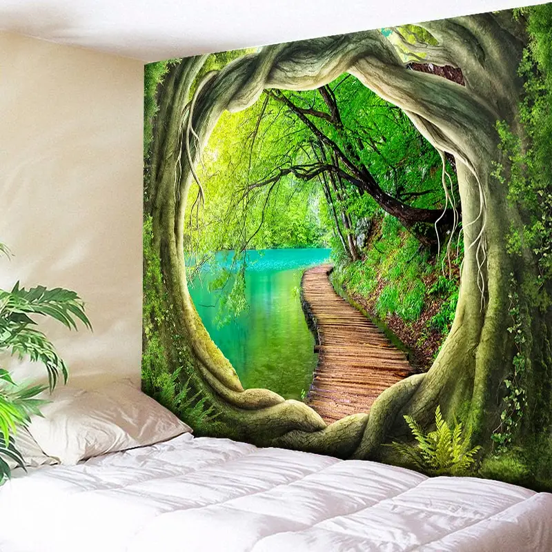 Clear River Wood Path Print Wall Tapestry Psychedelic Tree Hole Home Decor Wall Hanging for Living Room Bedroom Boho Tapestries