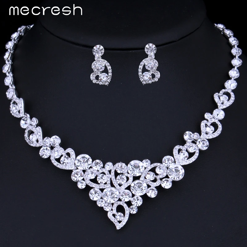 Mecresh Silver Color Heart Crystal Bridal Jewelry Sets Necklace Earrings Wedding Jewelry Accessories Christmas Gift TL310-pin