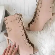 Лидер продаж; замшевые ботинки на шнуровке телесного цвета; пикантные женские ботинки на высоком каблуке с открытым носком; Сабо гладиаторские сандалии; ботильоны