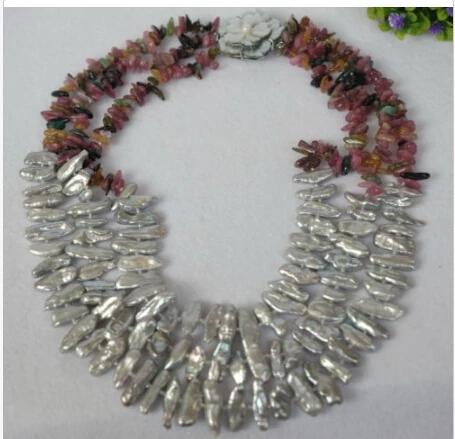 

Beautiful! 3row Natural Grey Biwa pearls& Tourmaline Chips necklace