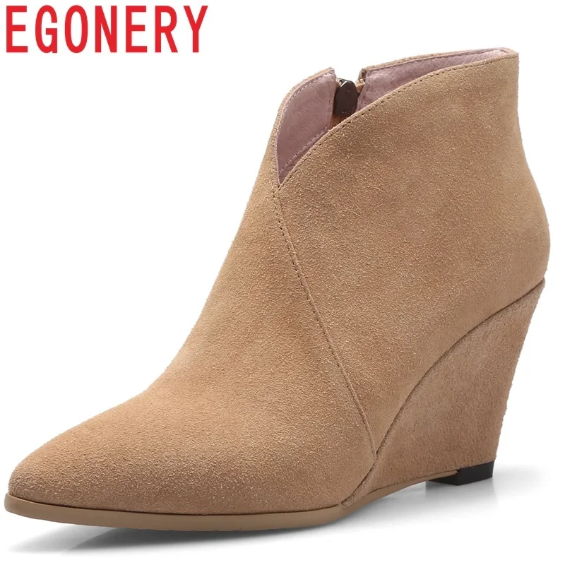 

EGONERY new zipper super high wedges pointed toe black and apricot comfortable ankle boots concise casual cow suede women shoes