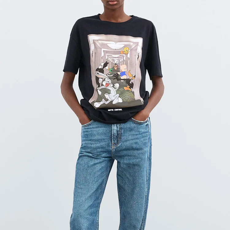 

Obrix Loose Casual Style Female T-Shirt Light Summer Cartoon Print Bunny t-Shirt For Women