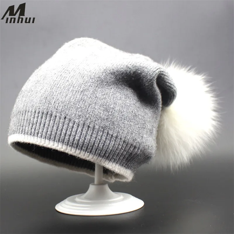 Minhui White Fox Fur Pompom Шапки Для женщин зимние Кепки s трикотажные Skullies шапочки капот женский Кепки Gorro